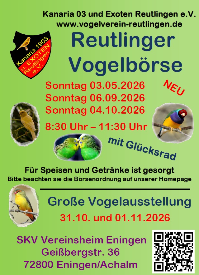 Reutlinger Vogelbörse 01.02.26 / 03.05.26 / 06.09.26 / 04.10.26
